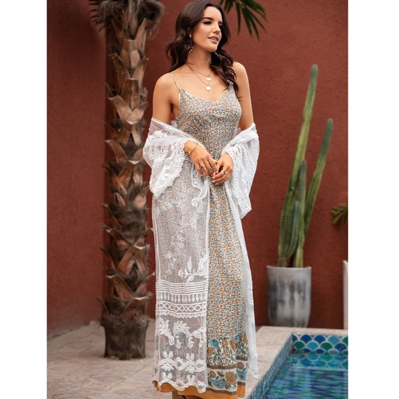 White Lace Boho Coverup Long Kimono - Picture 2 of 10